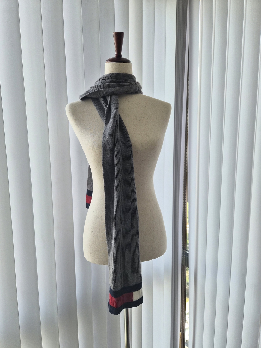 Tommy Hilfiger Gray Ribbed Scarf with Red, White & Navy Stripes